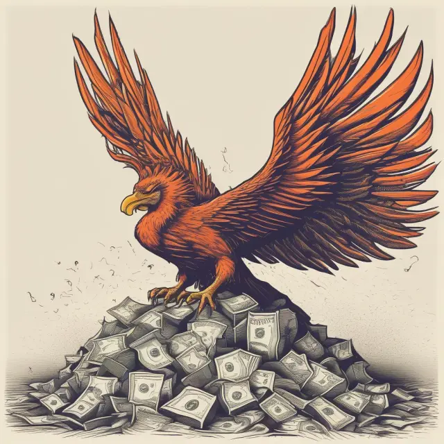 Phoenix rising from piles of financial statements, illustrating NOL carryforwards effectively bringing back profitability
