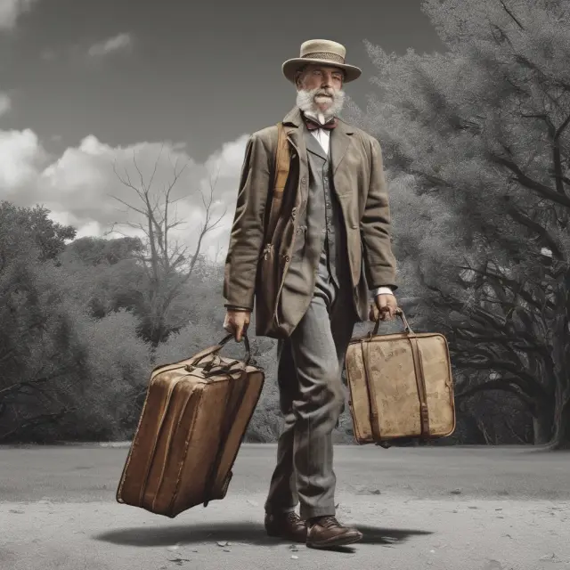 A man in a top hat and goggles carries an antique suitcase labeled 