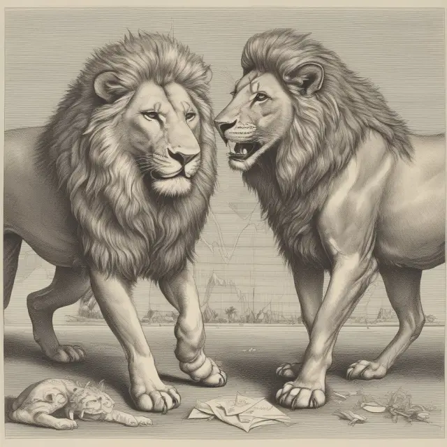 Lion symbolizing predatory pricing versus gazelle representing loss leader strategy, both on a graph illustrating business competition