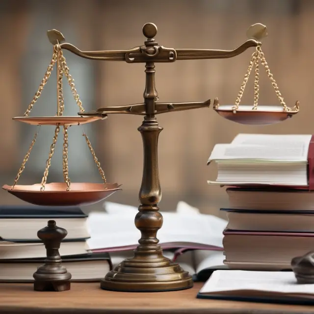 A balance scale weighing the lawbooks representing regulations against market graphs symbolizing business strategies in the context of loss leading.