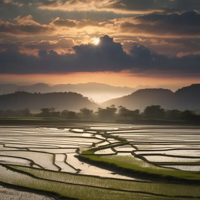 A Japanese sun setting over stagnant rice paddies, symbolizing the economic stagnation of Japan