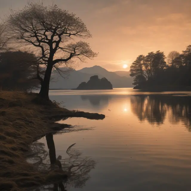 Sun setting over a tranquil yet stagnant lake, reflecting Japan