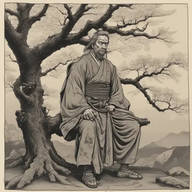 An aging samurai sits on a wilting cherry blossom tree, representing Japan
