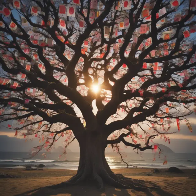 An elderly tree standing tall against stormy economic winds with rising sun flags representing the demographic and economic challenges faced by Japan.