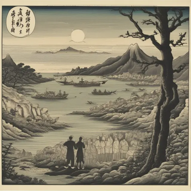 Two waves representing Keynesianism and Monetarism, battling for dominance over a Japanese archipelago symbolizing the economy