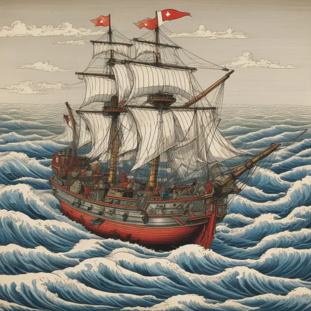 An Austrian economist sailing through a turbulent sea, with interventions personified as anchors threatening progress