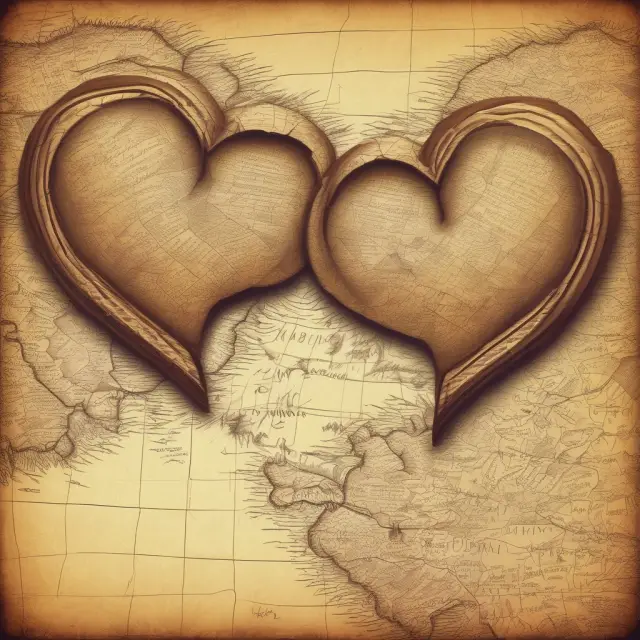 Two interconnected hearts negotiating over an old-world map, symbolizing love money transactions and mutual growth