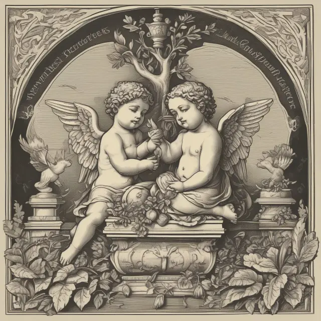 Cherub angels supporting growing businesses in one hand and a tree bearing fruit representing successful love money investments, emphasizing the role of personal relationships.