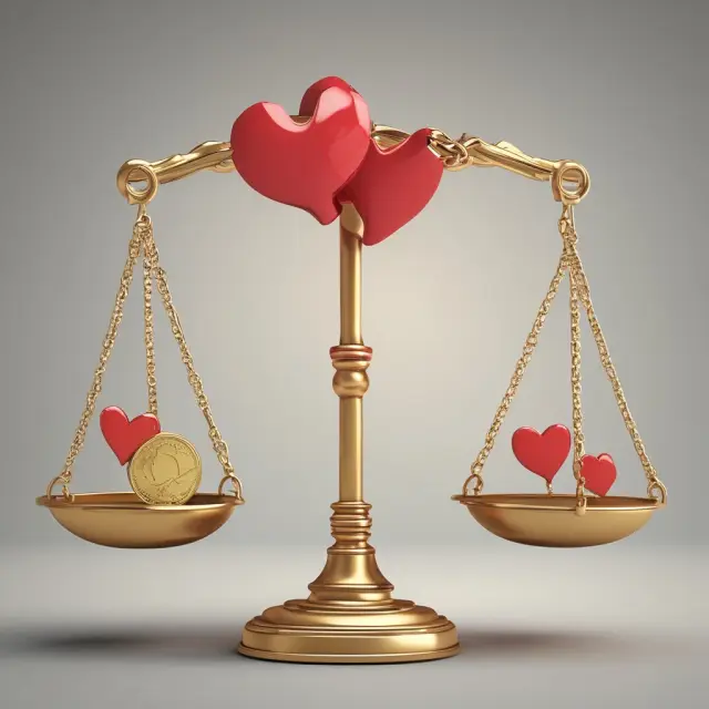 Hearts and gold coins on a balance scale, symbolizing the benefits and challenges of love money in business