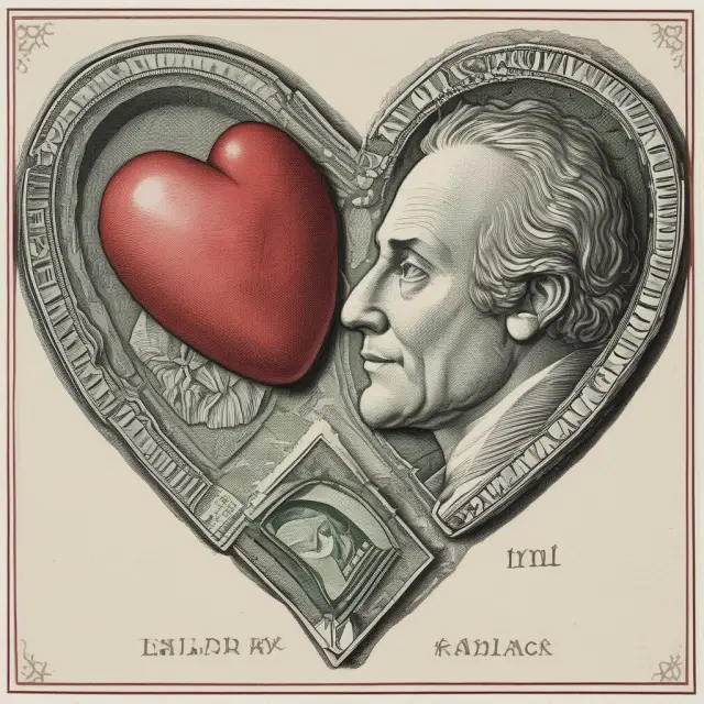 Two figures, one representing Love and the other Money, negotiating a contract as a heart and dollar bill intertwine on the table between them