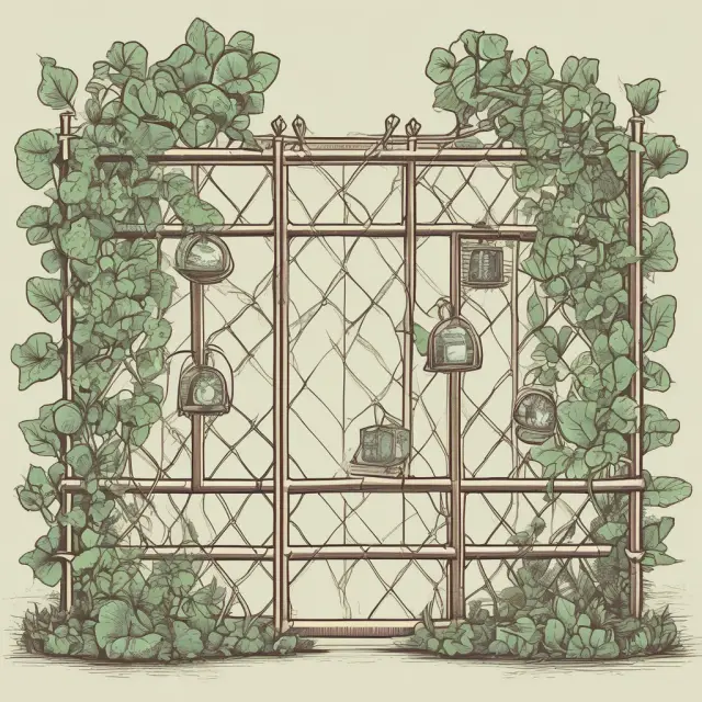 An image of a vine-covered trellis with love hearts, money symbols, and business documents entwined.