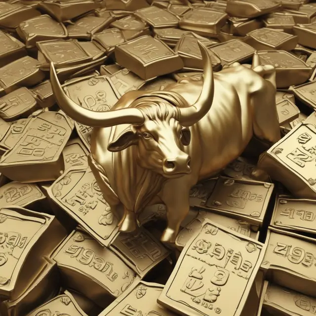 A golden bull thrives on a flourishing meadow, surrounded by a sea of bonds with declining yields. A nugget of gold symbolizes safe-haven assets outperforming in the low interest rate environment.