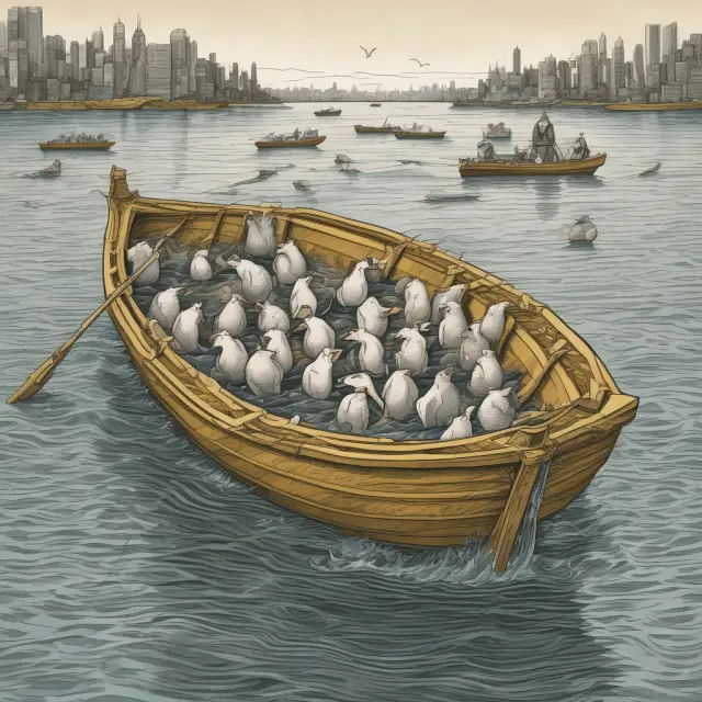 A golden goose lays inflationary eggs in a tranquil lake amidst investors rowing boats, symbolizing the risks and challenges of low interest rates for investors.