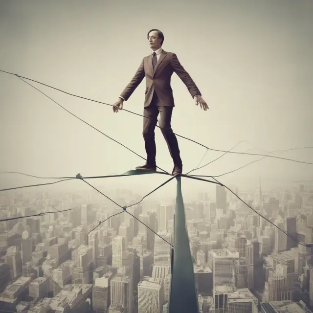 A person balances on a tightrope above economic charts, representing the delicate balance between opportunities and risks during a low interest rate environment