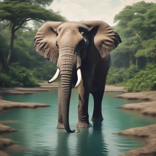 An elephant in the jungle gently taking a drink, symbolizing a brief market correction during a trend (Low Volume Pullback)