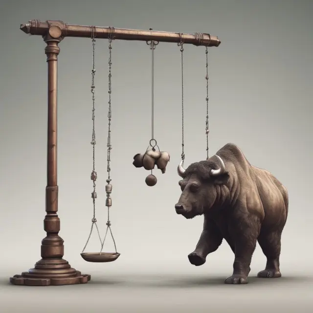 A market pendulum swinging gently between bull and bear territories, representing the potential temporary corrections during low volume pullbacks.