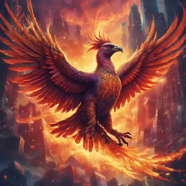 A mythical phoenix symbolizing resilient markets emerging from low volume pullbacks, with charts and currency illustrating growth opportunities