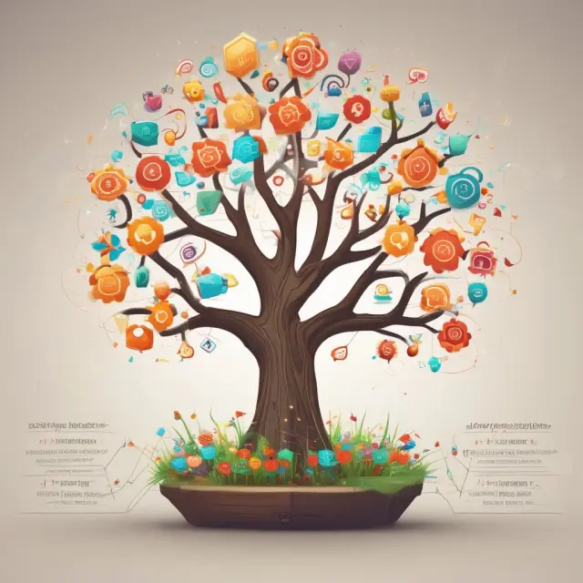 A flourishing digital tree adorned with symbols representing loyalty program best practices such as attractive rewards, clear communication, and social media integration