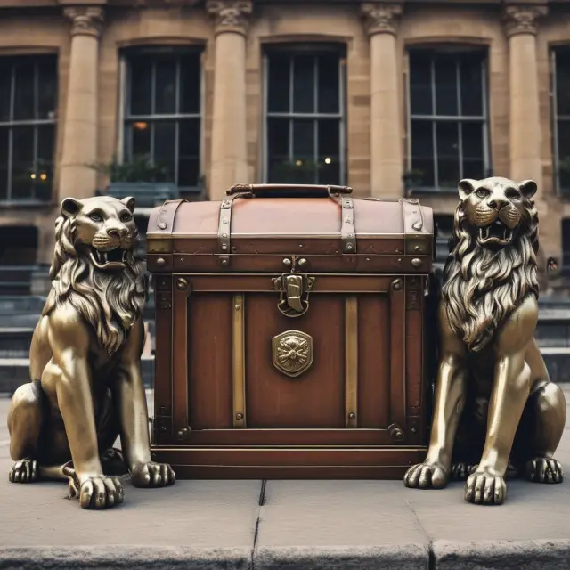 A trio of protective lions safeguarding a treasure chest filled with customer data. Inscriptions on the chest read