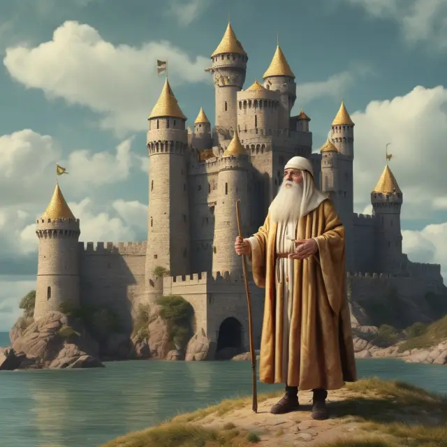 A wise older person stands atop a hill, shielded by a gold-encased fortress symbolizing Long-Term Care (LTC) insurance policies