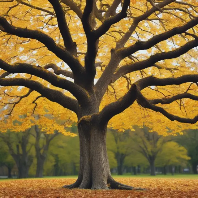 An aging tree sheds golden leaves, symbolizing the recommended age range of 45-55 for buying long-term care insurance.