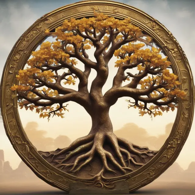 An ancient tree brimming with golden leaves and offering branches of long-term care insurance policies, signifying financial security, longevity, and tax advantages