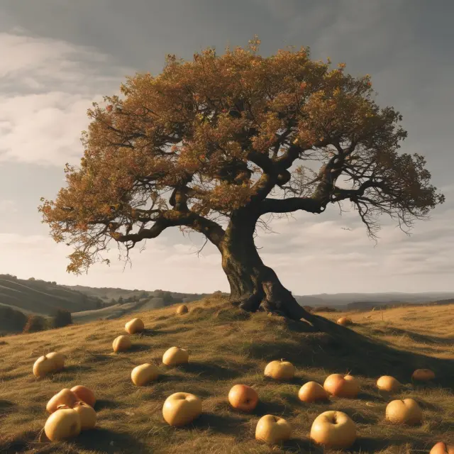 A wise old tree bearing golden apples signifying the importance of planning for long-term care insurance, surrounded by a tranquil hillside landscape