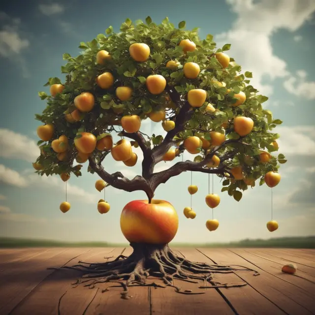 A lush, golden apple tree with investors gathered below, symbolizing the significance of financial metrics and ratios in determining company lucrativeness
