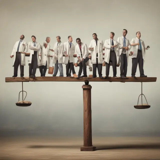 Image of doctors and traders on a seesaw, representing the balance between high earnings, personal growth, and career challenges