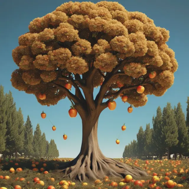 An orchard filled with trees symbolizing Apple, Microsoft, and Alphabet, each bearing ripe, golden fruits representing their lucrative achievements