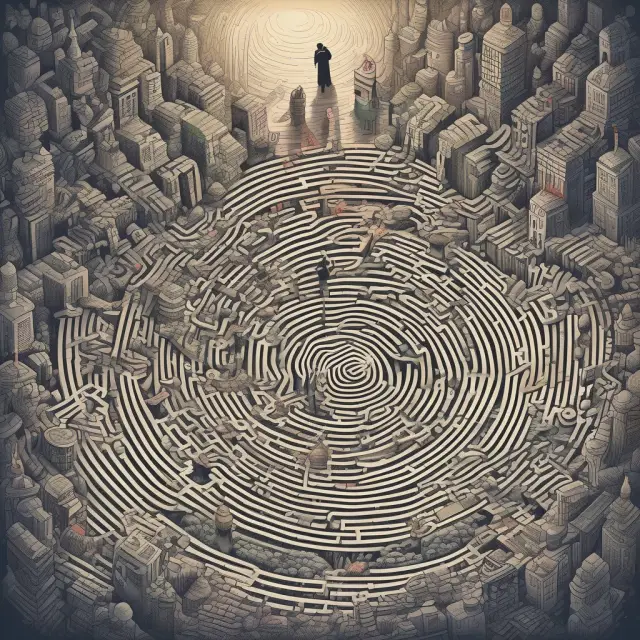 An institutional investor navigating a maze, encountering various Luhn Algorithm checks and symbols along the way
