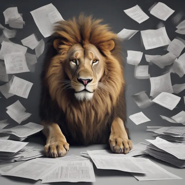 A lion struggling with an oversized tax burden and a complex pile of financial planning documents represents the challenges of managing a large lump sum payment.