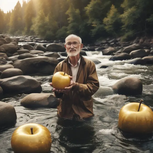 A retiree ponders his options: a golden apple symbolizing lump-sum funds and two rivers representing annuity payments, enabling him to weigh the benefits and choose wisely for retirement.
