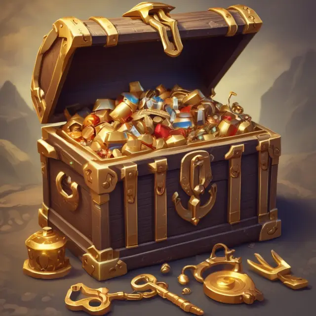 A golden key opens a treasure chest, revealing an array of luxury clothing, accessories, luggage, automobiles, yachts, wine, and homes