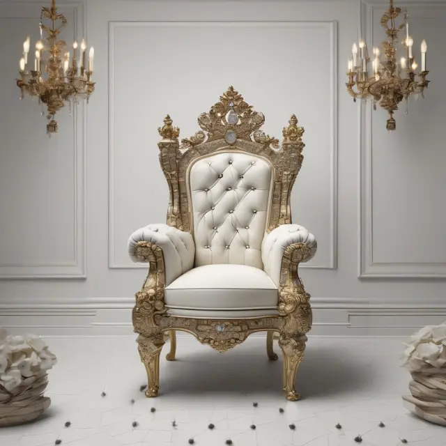 An ornate throne embellished with sparkling diamonds and question marks, representing luxury item FAQs