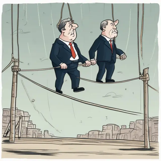 Politicians balancing luxury taxes, depicted as orbs, while navigating a tightrope. Keywords: politicians, luxury taxes, balance.
