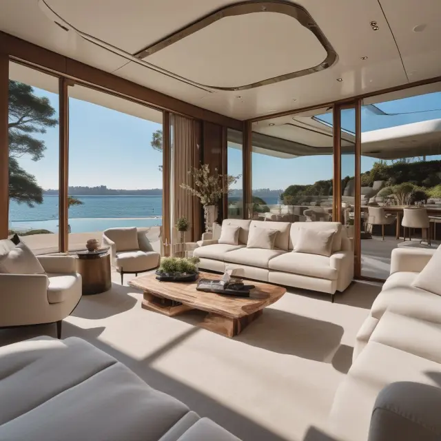 A mirror image of a yacht changes to reveal a cozy house, symbolizing the evolving definition of luxury goods.