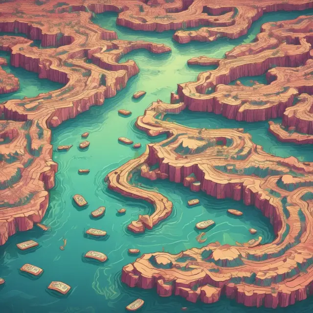 An abstract image of currency, checks, and savings merging into a flowing river, symbolizing the calculation of M1 money supply
