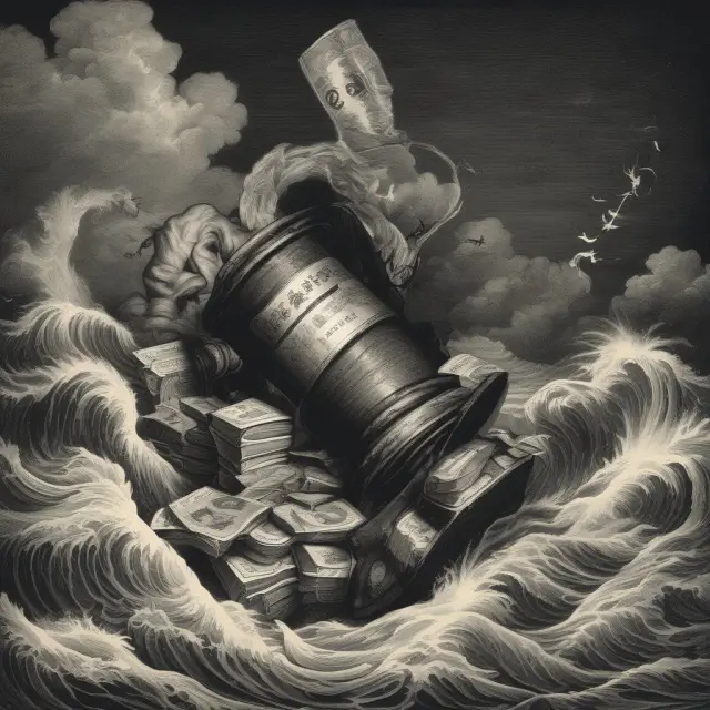 Milton Friedman wielding a gavel on a vast, churning sea of M1 money supply, symbolizing his impact on inflation and economic cycles