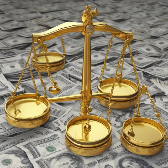 Central Banker balancing gold scales to manage M1 money supply for economic stability