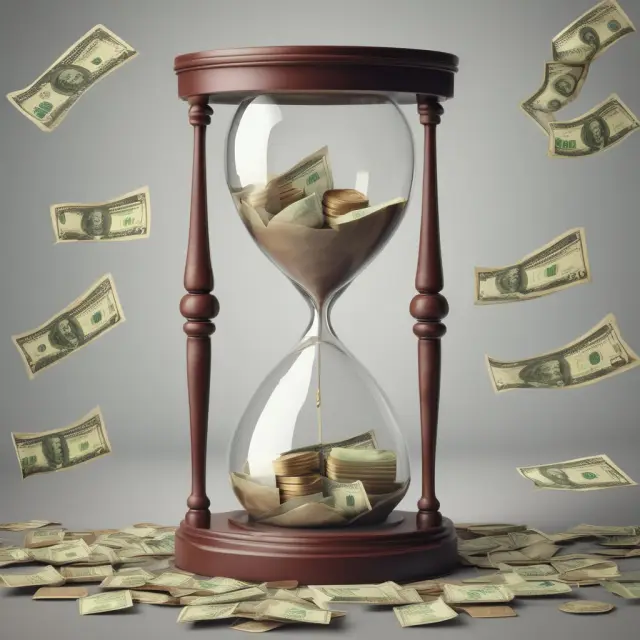An hourglass representing M1 money supply with currency flowing between its two chambers, illustrating the balance of economic activity and monetary policy