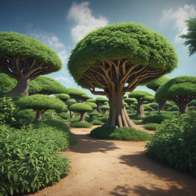 Image of blooming money trees growing with branches carrying symbols for M1, M2, and M3 money supply components, symbolizing the interconnected role of various forms of money within an economy