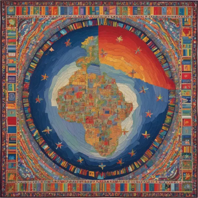 An intricately woven tapestry representing European Union nations united by the Maastricht Treaty. Member states interconnected, creating a larger entity.
