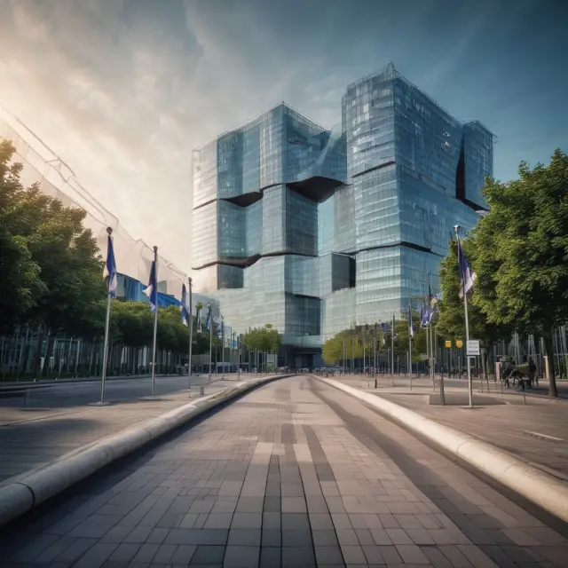 A protective ECB figure safeguarding a gear system representing the European Monetary Union (EMU), emphasizing its role in maintaining price stability