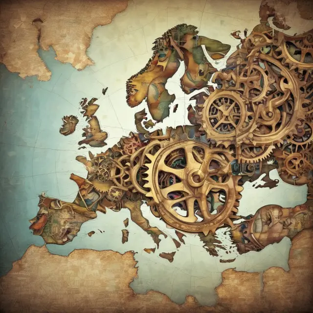 A map of Europe unveils interconnected gears representing unity, with the UK depicted as a golden star detaching from the European Union
