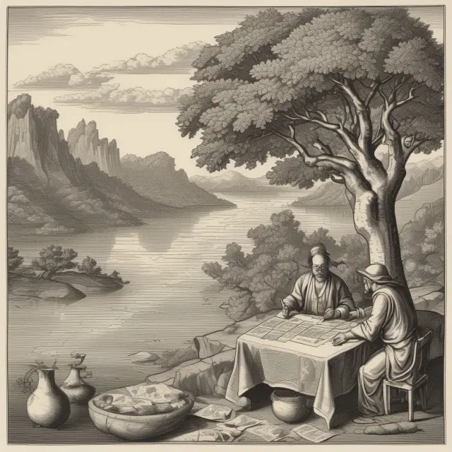 A scholar calculates Macaulay Duration using a tree of cash flows with fruits (coupons) growing, rooted in a river symbolizing discounted cash flows.
