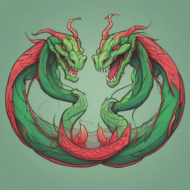 A visual metaphor of MACD: two intertwined serpents representing buy and sell signals. One has a green head for buying, while another sports a red head for selling.