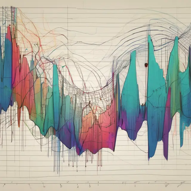 Two interwoven rivers representing short and long term EMAs in MACD calculation, flowing into the creation of the MACD line, signal line, and histogram