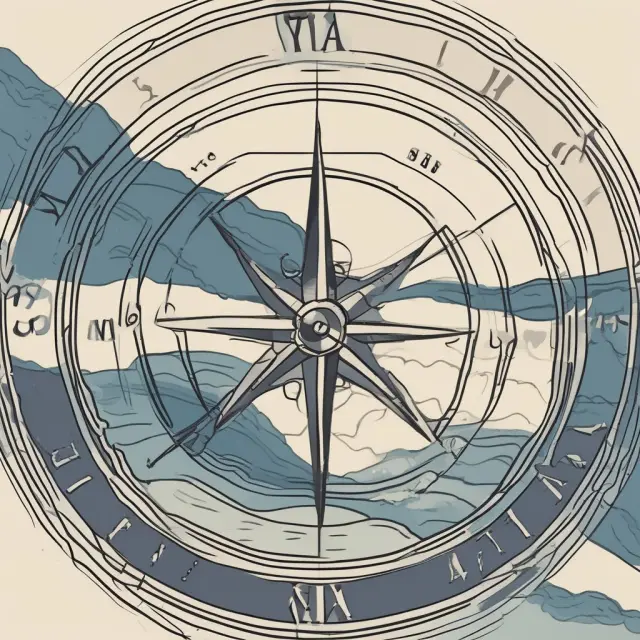 Two compasses with different directions representing MACD and ADX, navigating the stock market waves