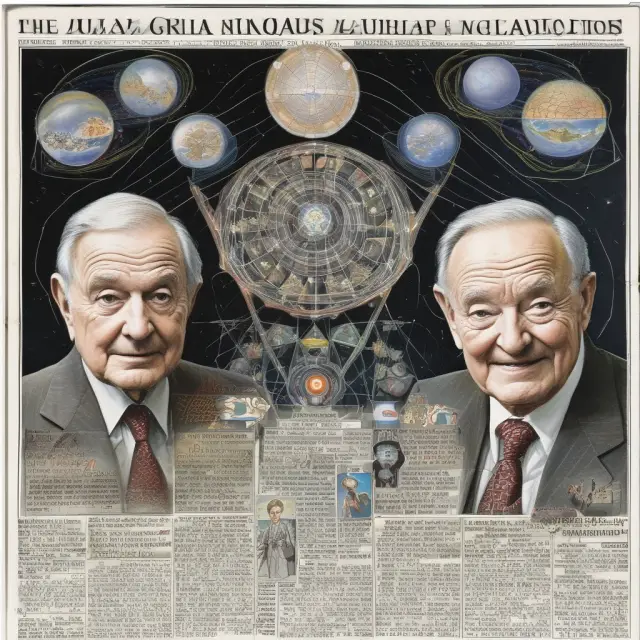 George Soros and Julian Robertson depicted as cosmic navigators guiding global finance through macroeconomic trends